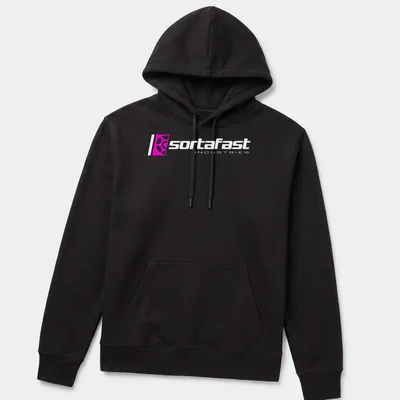 Modern Sortafast Industries logo t-shirt in pink and white — printed on a unisex hoodie