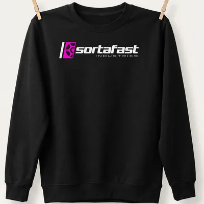 Modern Sortafast Industries logo t-shirt in pink and white — printed on a unisex sweatshirt