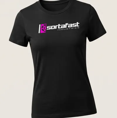 Modern Sortafast Industries logo t-shirt in pink and white — printed on a women's shirt