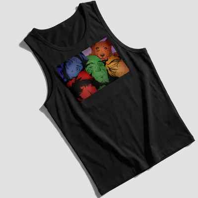 Colorful doodle characters exploring space with playful designs — printed on a tank top