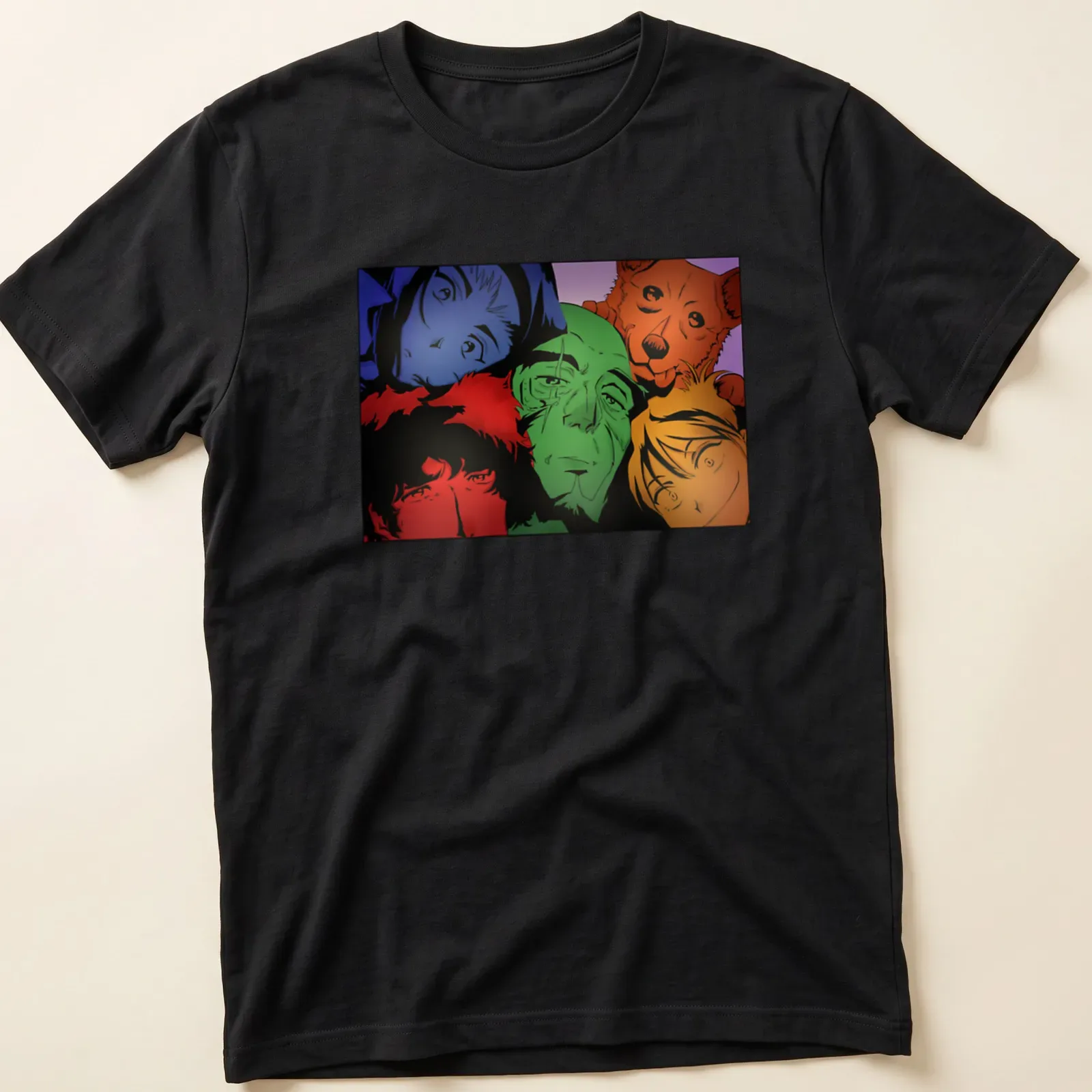Colorful doodle characters exploring space with playful designs — printed on a unisex t-shirt
