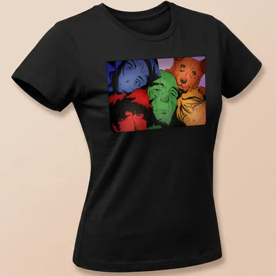 Colorful doodle characters exploring space with playful designs — printed on a women's shirt