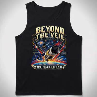 Vintage illustration t-shirt featuring a space telescope with detailed printed text. — printed on a tank top