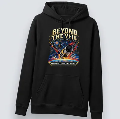 Vintage illustration t-shirt featuring a space telescope with detailed printed text. — printed on a unisex hoodie