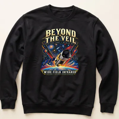 Vintage illustration t-shirt featuring a space telescope with detailed printed text. — printed on a unisex sweatshirt