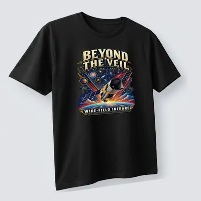 Vintage illustration t-shirt featuring a space telescope with detailed printed text. — printed on a unisex t-shirt (angled view)