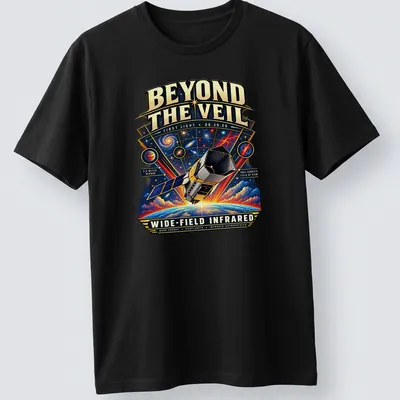 Vintage illustration t-shirt featuring a space telescope with detailed printed text.