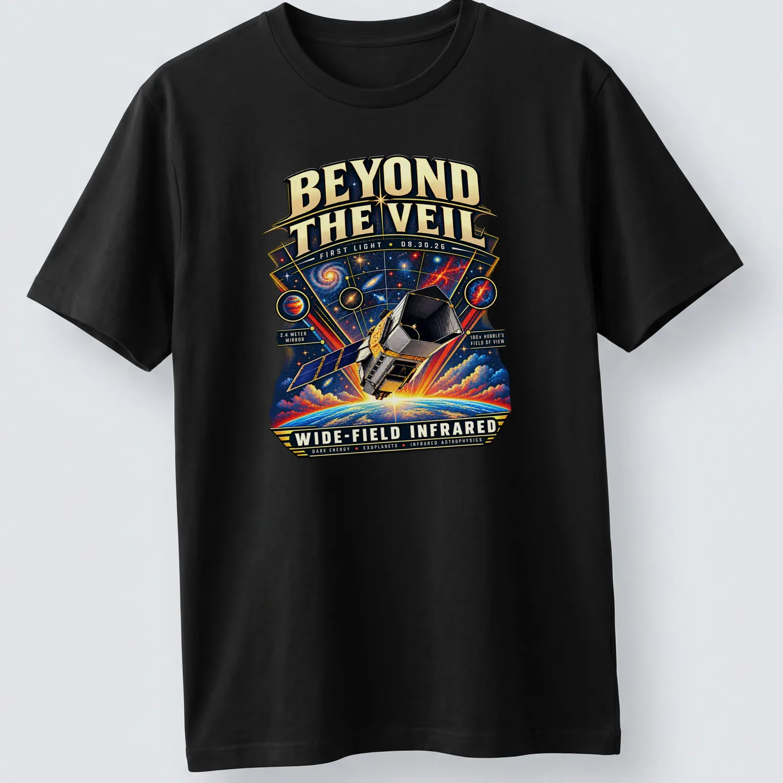 Vintage illustration t-shirt featuring a space telescope with detailed printed text. — printed on a unisex t-shirt