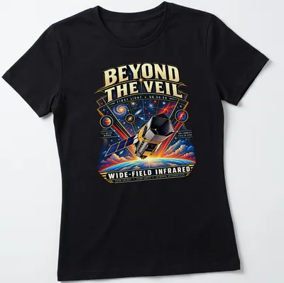 Vintage illustration t-shirt featuring a space telescope with detailed printed text. — printed on a women's shirt