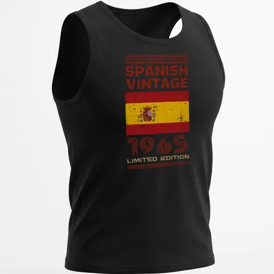 Vintage distressed Spanish Vintage 1965 t-shirt featuring the Spanish flag — printed on a tank top