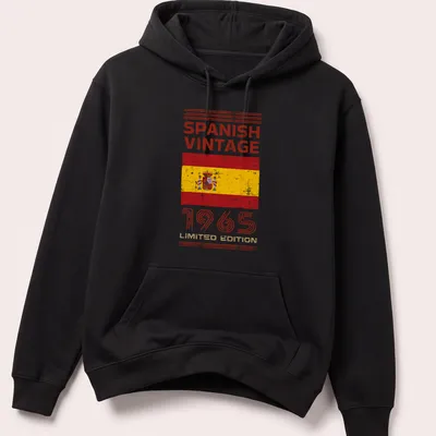Vintage distressed Spanish Vintage 1965 t-shirt featuring the Spanish flag — printed on a unisex hoodie