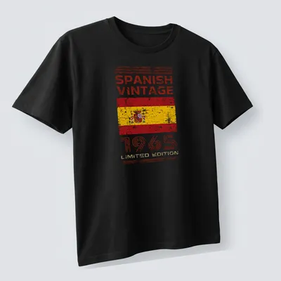 Vintage distressed Spanish Vintage 1965 t-shirt featuring the Spanish flag — printed on a unisex t-shirt (angled view)