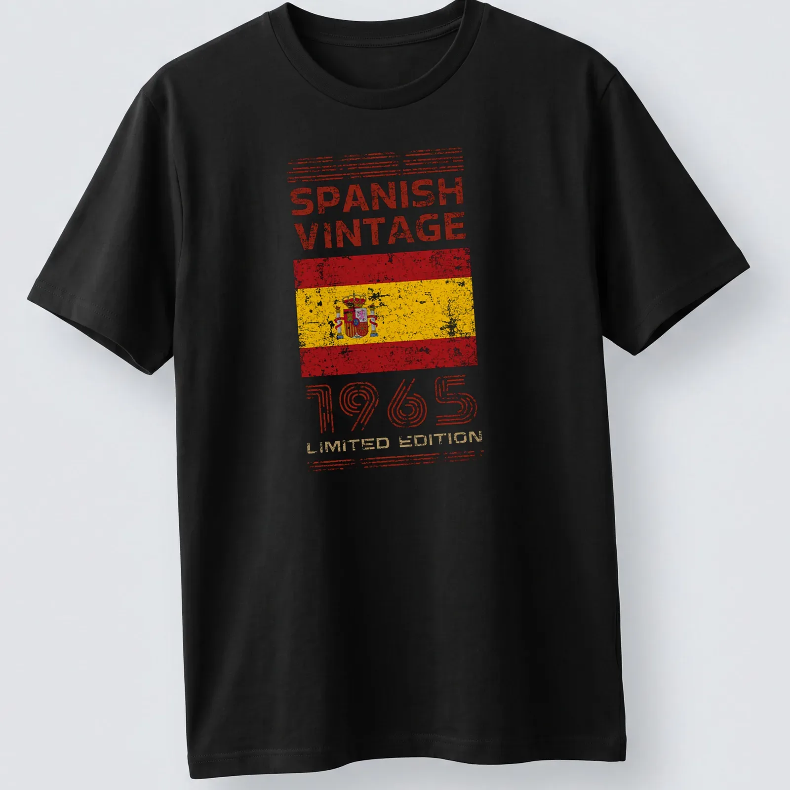 Vintage distressed Spanish Vintage 1965 t-shirt featuring the Spanish flag — printed on a unisex t-shirt