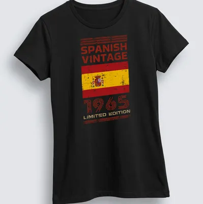 Vintage distressed Spanish Vintage 1965 t-shirt featuring the Spanish flag — printed on a women's shirt