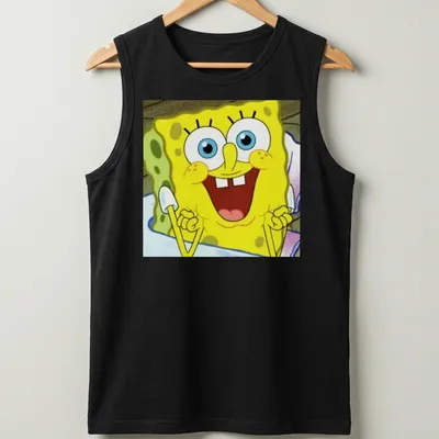 Cartoon design of Spongebob Squarepants in yellow, blue, and white — printed on a tank top