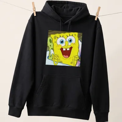 Cartoon design of Spongebob Squarepants in yellow, blue, and white — printed on a unisex hoodie