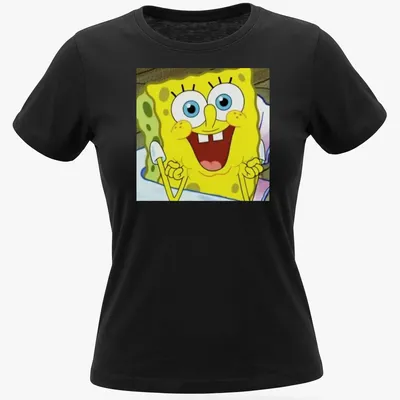 Cartoon design of Spongebob Squarepants in yellow, blue, and white — printed on a women's shirt
