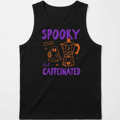 Kawaii line-art t-shirt featuring a ghost and coffee pot with playful text — printed on a tank top