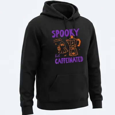 Kawaii line-art t-shirt featuring a ghost and coffee pot with playful text — printed on a unisex hoodie
