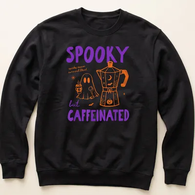 Kawaii line-art t-shirt featuring a ghost and coffee pot with playful text — printed on a unisex sweatshirt