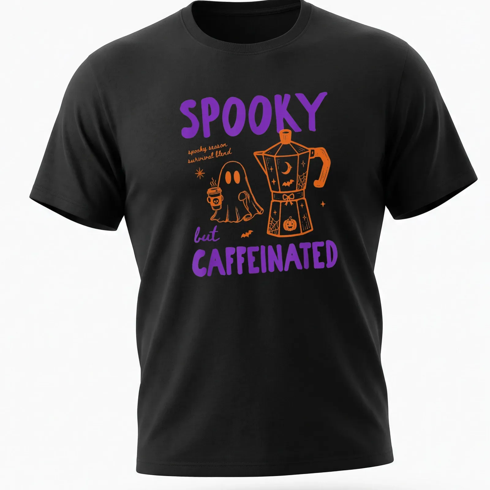 Kawaii line-art t-shirt featuring a ghost and coffee pot with playful text — printed on a unisex t-shirt