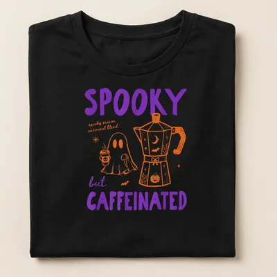 Kawaii line-art t-shirt featuring a ghost and coffee pot with playful text — printed on a women's shirt