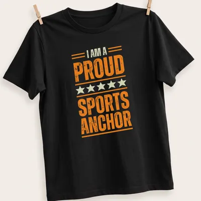 Vintage distressed shirt with the phrase 'I AM A PROUD SPORTS ANCHOR' and a sports anchor graphic.