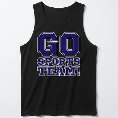 Bold collegiate Go Sports Team t-shirt in purple, black, and white — printed on a tank top