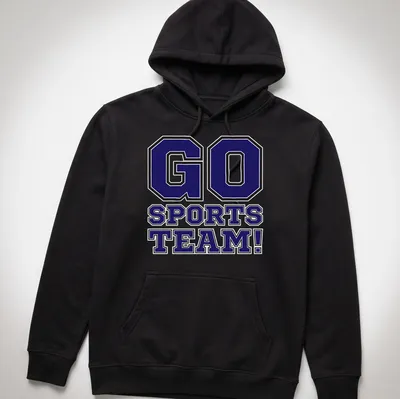 Bold collegiate Go Sports Team t-shirt in purple, black, and white — printed on a unisex hoodie