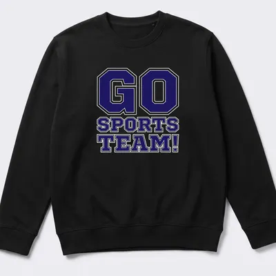 Bold collegiate Go Sports Team t-shirt in purple, black, and white — printed on a unisex sweatshirt