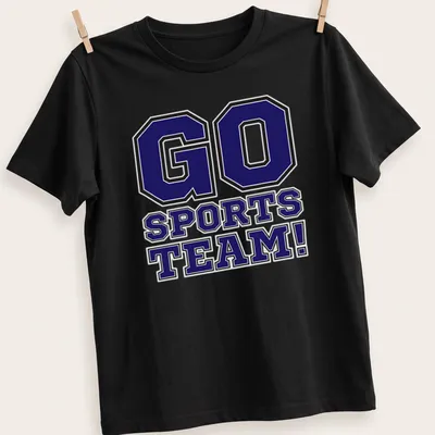 Bold collegiate Go Sports Team t-shirt in purple, black, and white