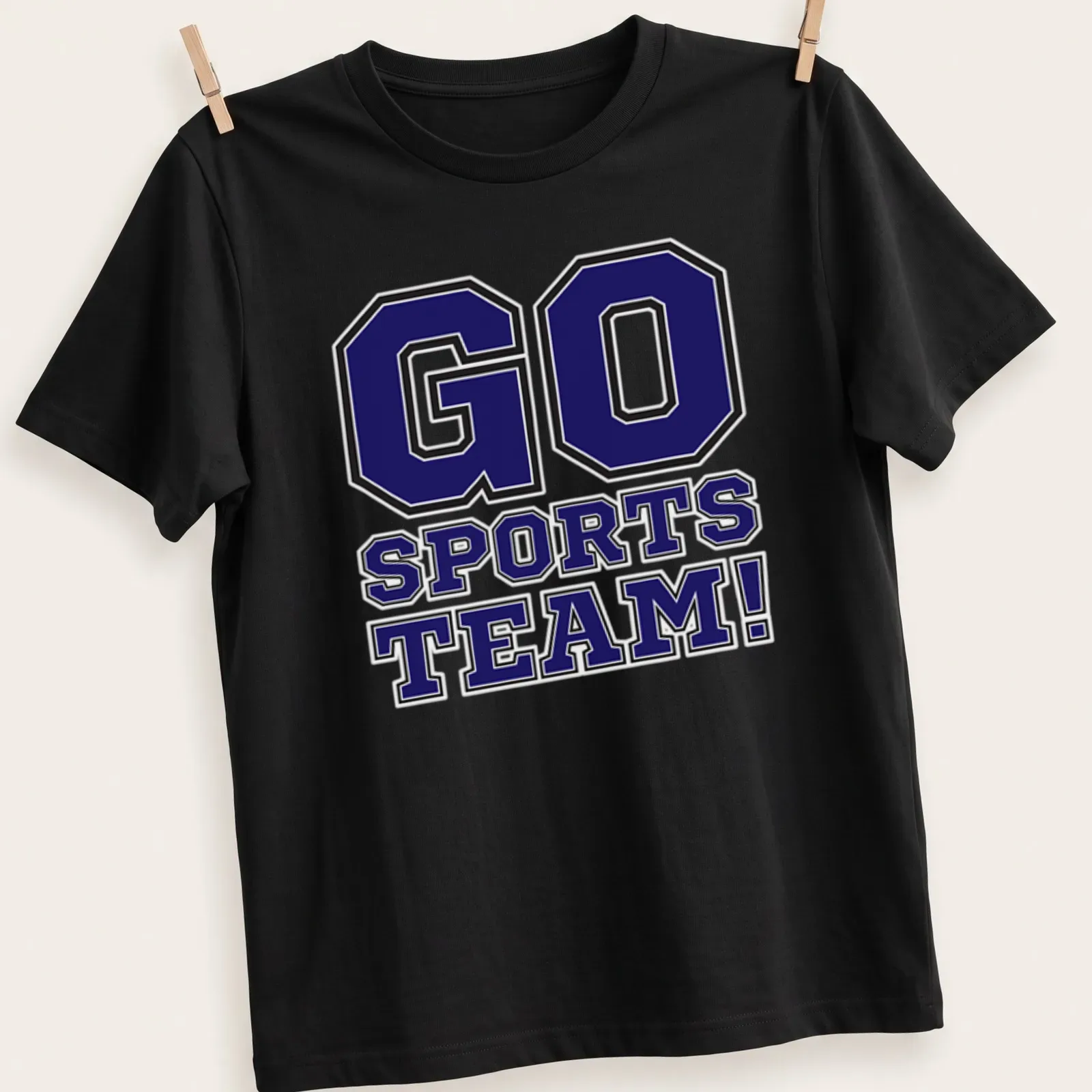 Bold collegiate Go Sports Team t-shirt in purple, black, and white — printed on a unisex t-shirt
