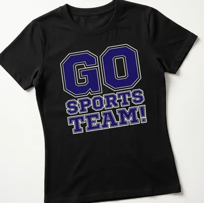 Bold collegiate Go Sports Team t-shirt in purple, black, and white — printed on a women's shirt