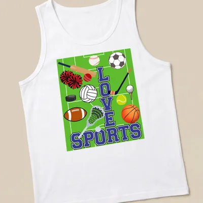 Colorful illustration of sports equipment surrounding the text LOVE SPORTS — printed on a tank top