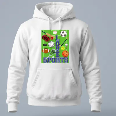 Colorful illustration of sports equipment surrounding the text LOVE SPORTS — printed on a unisex hoodie