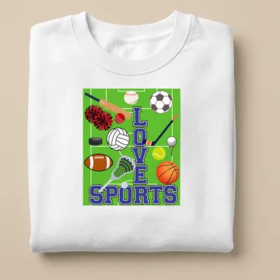 Colorful illustration of sports equipment surrounding the text LOVE SPORTS — printed on a unisex sweatshirt