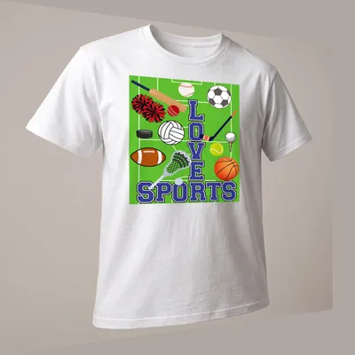 Colorful illustration of sports equipment surrounding the text LOVE SPORTS — printed on a unisex t-shirt (angled view)