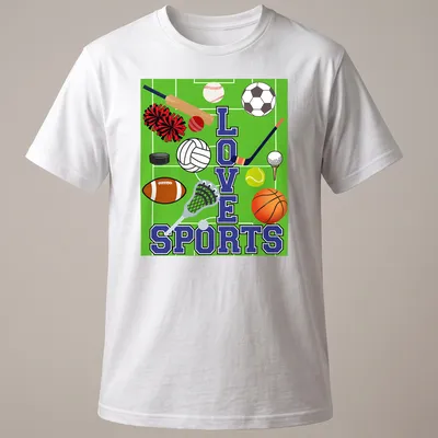 Colorful illustration of sports equipment surrounding the text LOVE SPORTS