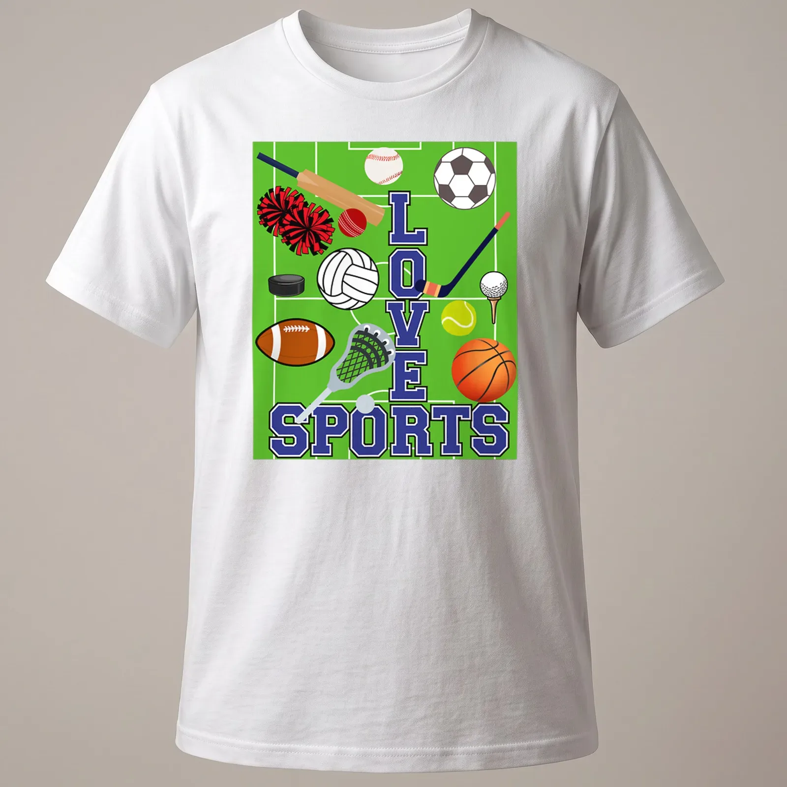 Colorful illustration of sports equipment surrounding the text LOVE SPORTS — printed on a unisex t-shirt