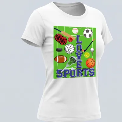 Colorful illustration of sports equipment surrounding the text LOVE SPORTS — printed on a women's shirt
