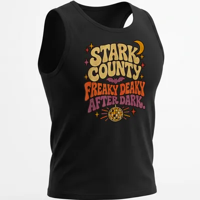 Retro design of a bat under a disco ball with vibrant colors and playful text. — printed on a tank top