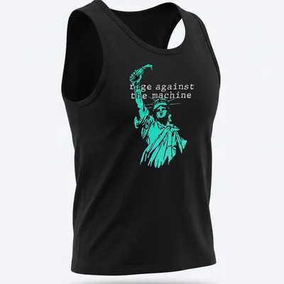 Vintage-style tee featuring the Statue of Liberty with Rage Against the Machine text in turquoise and black — printed on a tank top