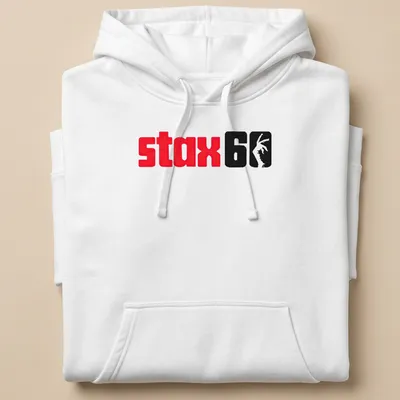 Bold STAX Record Group t-shirt with red, black, and white graphic design — printed on a unisex hoodie