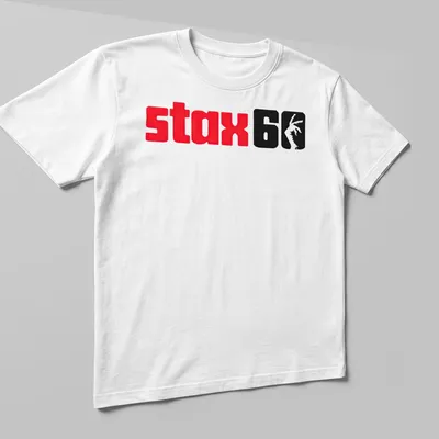 Bold STAX Record Group t-shirt with red, black, and white graphic design — printed on a unisex t-shirt (angled view)