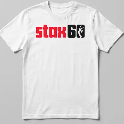 Bold STAX Record Group t-shirt with red, black, and white graphic design