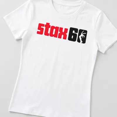 Bold STAX Record Group t-shirt with red, black, and white graphic design — printed on a women's shirt