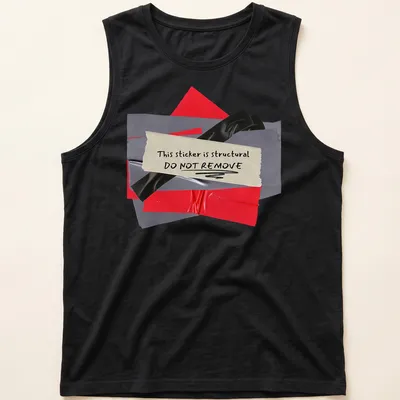 Collage style t-shirt featuring a humorous structural sticker warning graphic. — printed on a tank top