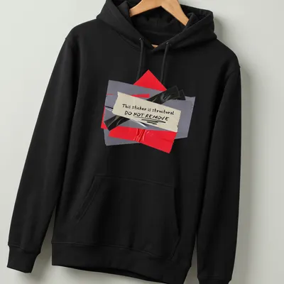 Collage style t-shirt featuring a humorous structural sticker warning graphic. — printed on a unisex hoodie