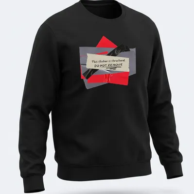 Collage style t-shirt featuring a humorous structural sticker warning graphic. — printed on a unisex sweatshirt