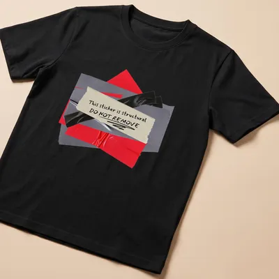 Collage style t-shirt featuring a humorous structural sticker warning graphic. — printed on a unisex t-shirt